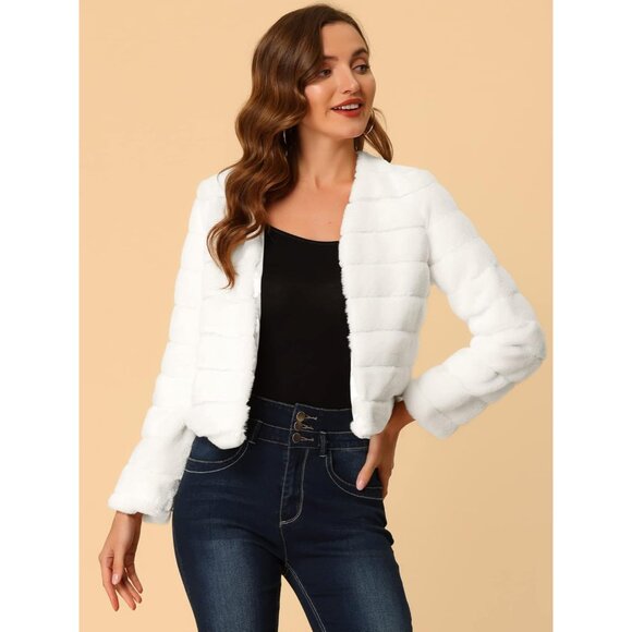 Women's Faux Fur Coat Long Sleeve Cropped Fluffy Jacket Collarless Casual Winter - Picture 4 of 6